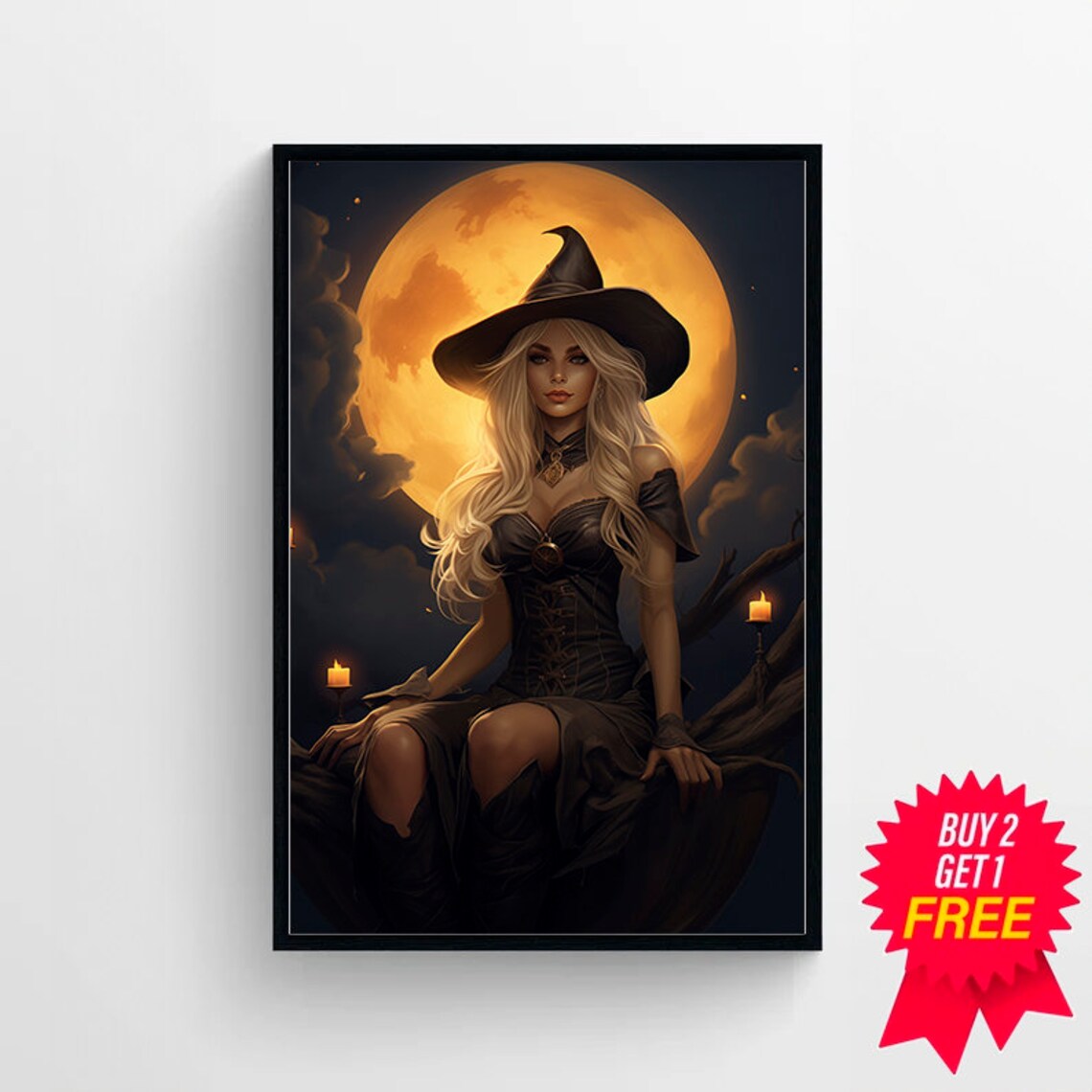 Blonde Witch Girl with Full Moon Gothic Dark Academia Poster - Image 4
