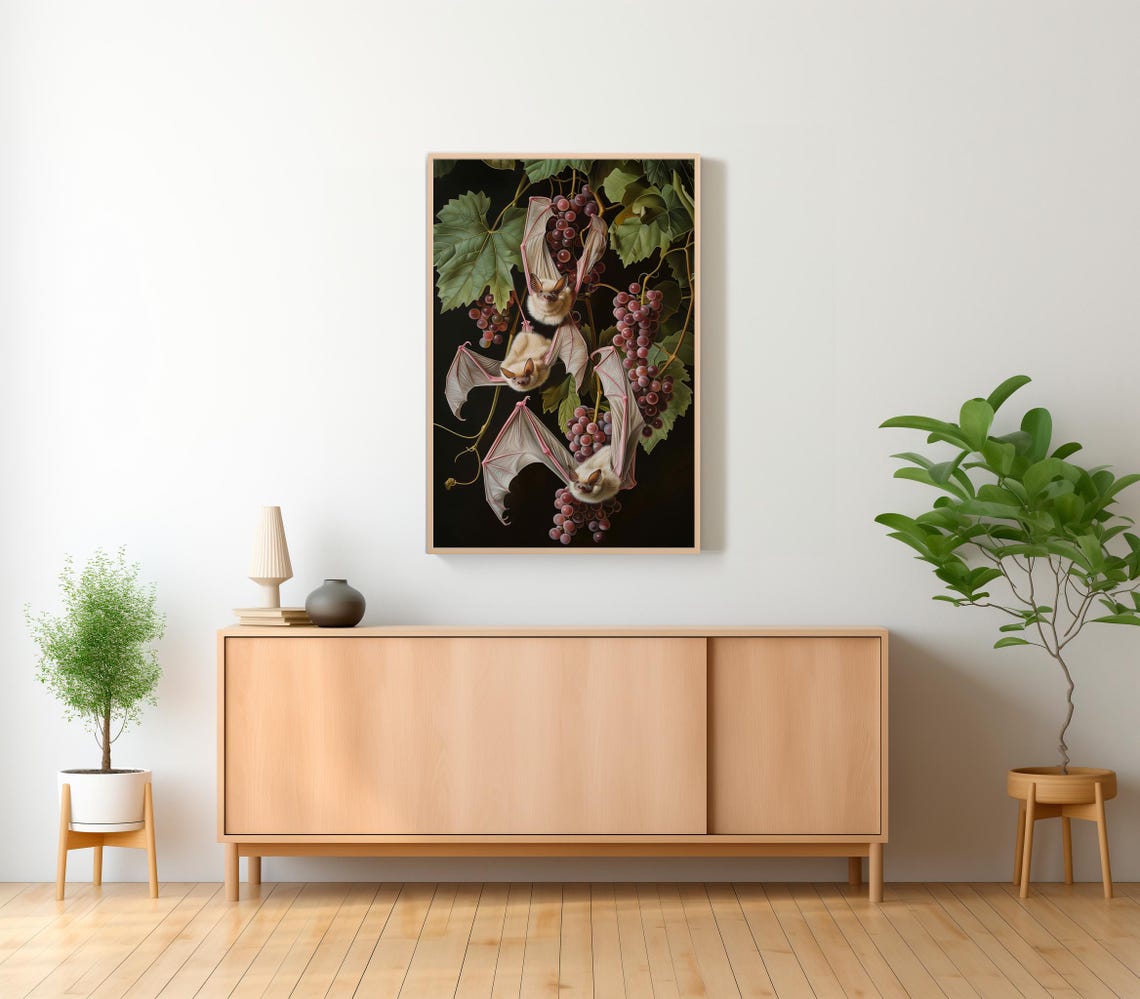 Three White Bats Hanging Among Purple Grapes Dark Botanical Art Poster - Image 2