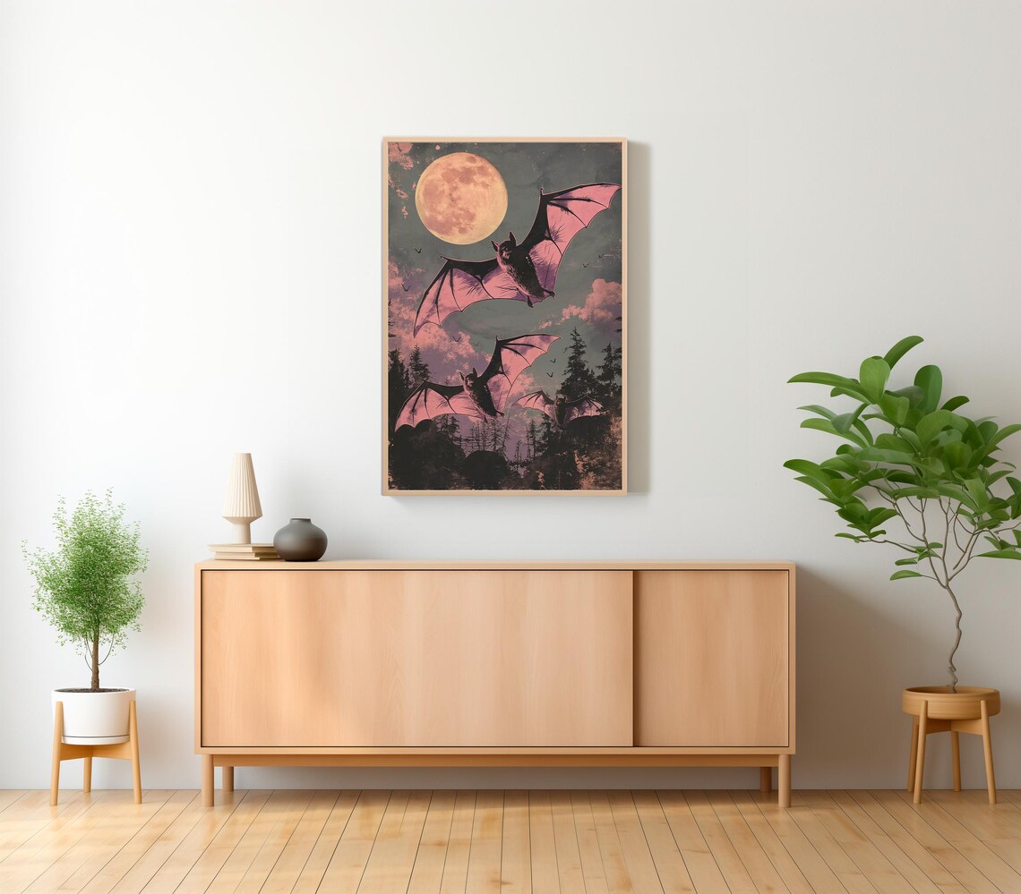 Vintage Neon Pink Vampire Bats Art Print - Image 2