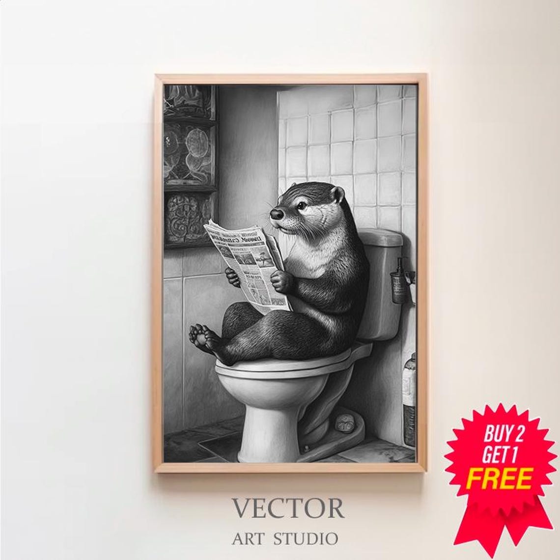 Funny Otter Reading Newspaper On Toilet Humorous Bathroom Poster