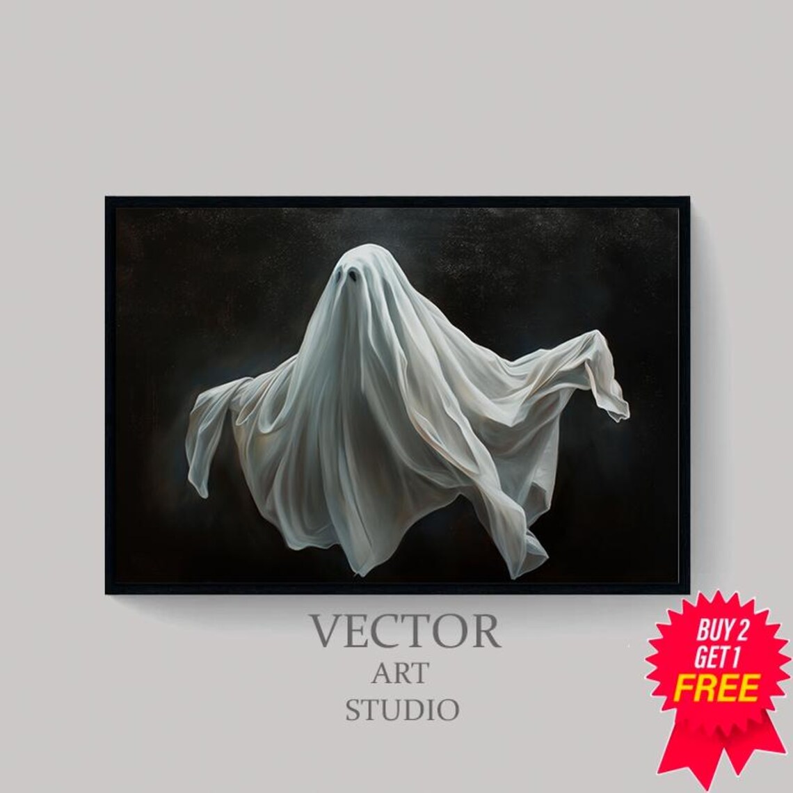Classic White Sheet Ghost Floating On Pitch Black Oil Painting Poster - Image 4