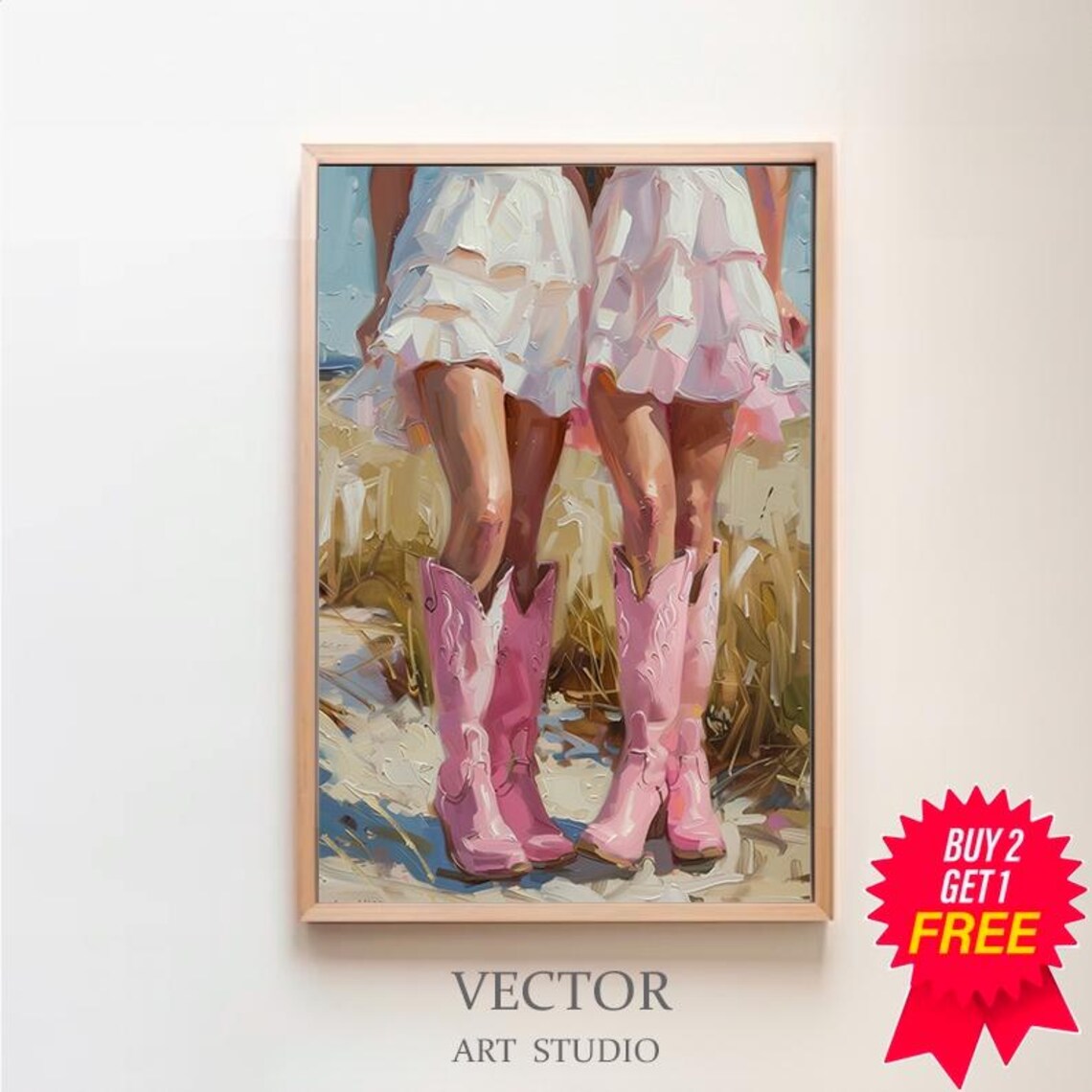 Coastal Cowgirl Pink Cowboy Boots Beach Day Oil Painting Poster