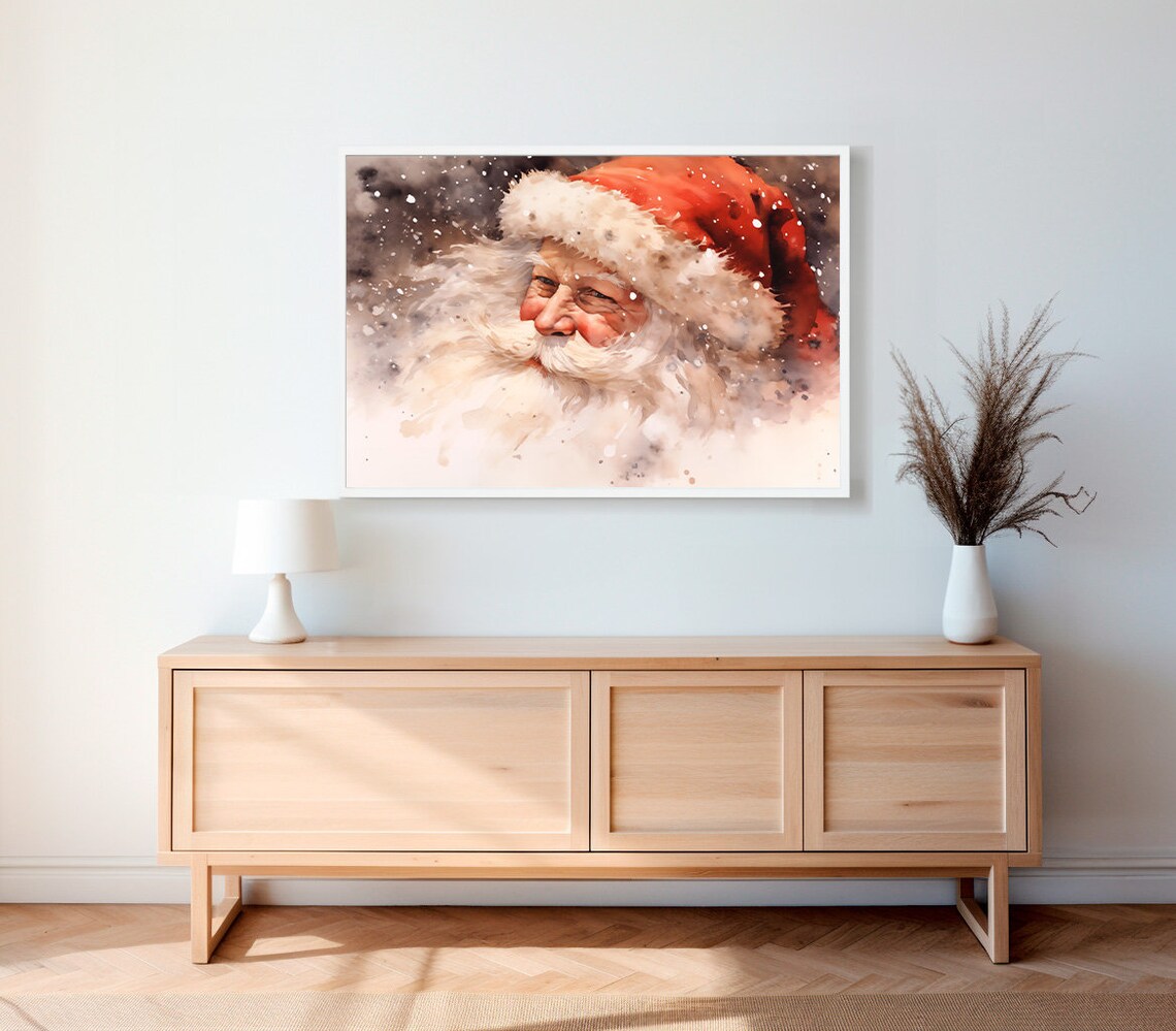 Laughing Santa Claus Close Portrait in a Snowy Watercolor Poster - Image 2