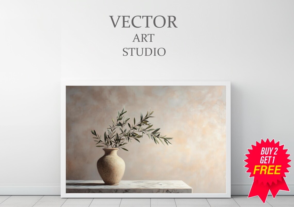 Clay Vase With Olive Sprigs On Marble Ledge Still Life Poster - Image 3