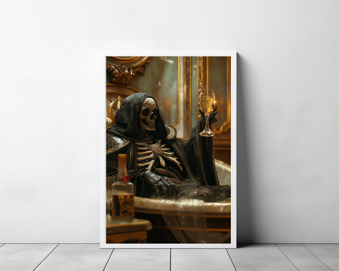 Grim Reaper In Bath Raising Champagne Glass Gothic Humor Poster - Image 3