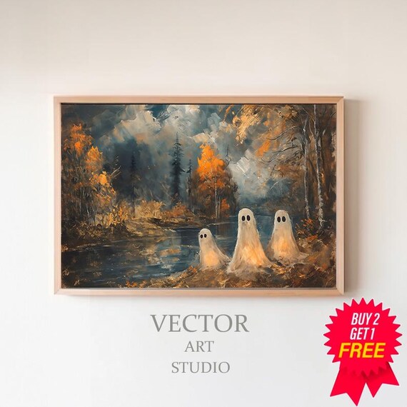 Cute Ghost Family by a Moonlit Lake Autumn Night Halloween Art Poster