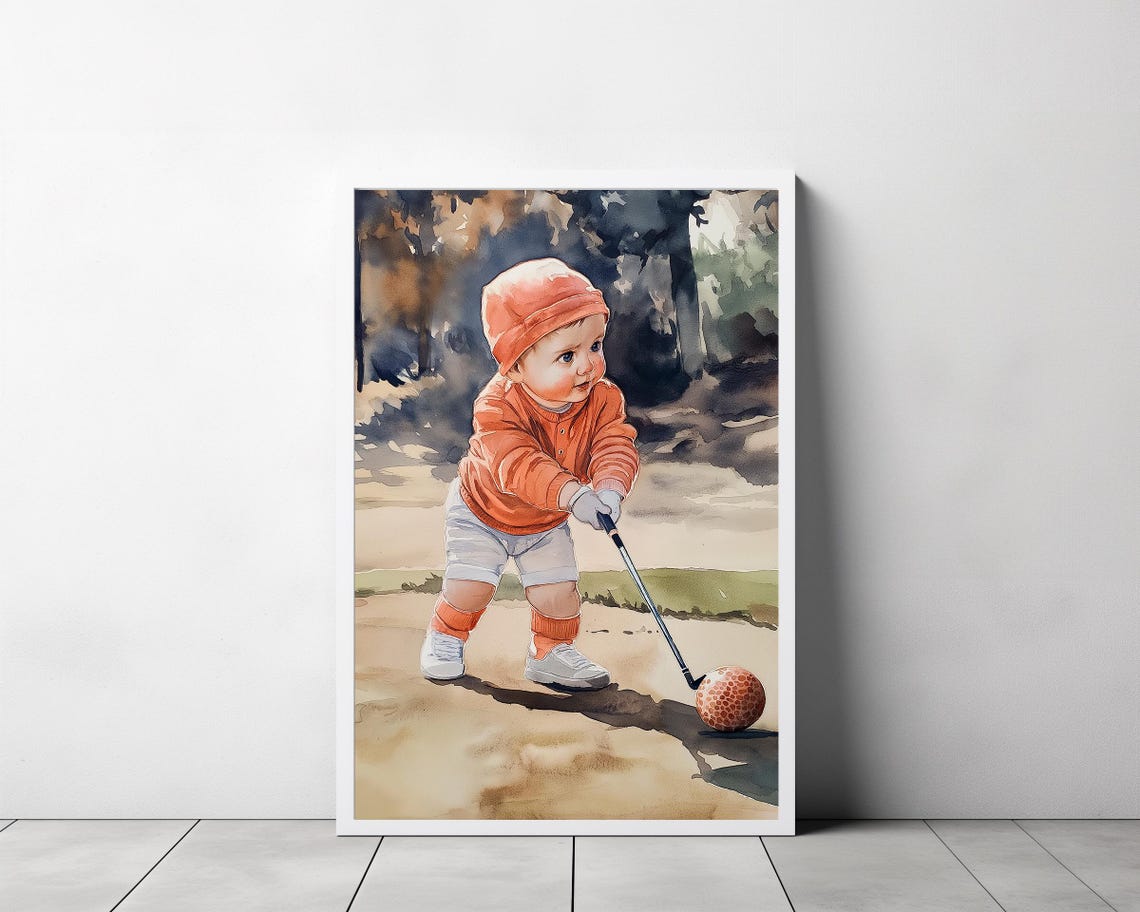 Toddler in an Orange Sweater Taking a Happy Golf Swing Poster - Image 3