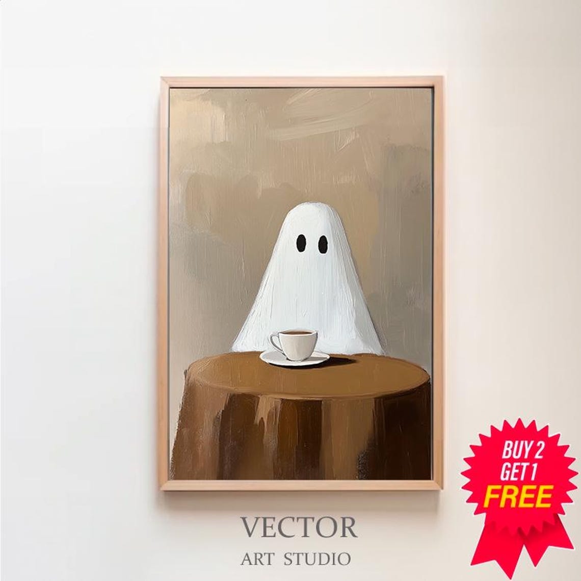Cute Ghost with Coffee Cup Painting Halloween Whimsical Poster