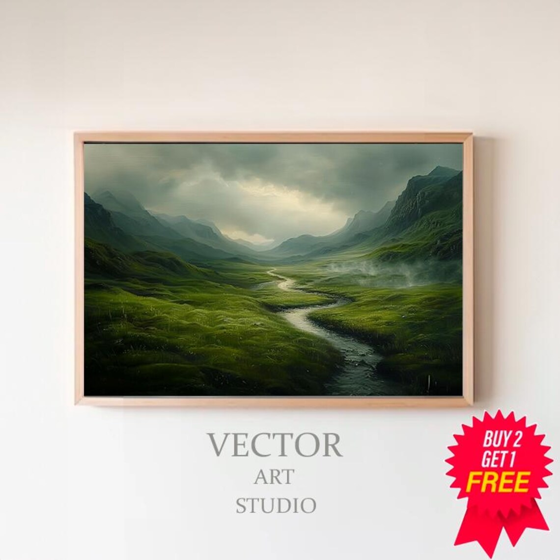 Stormy Green Valley With Winding River Ireland Landscape Art Poster