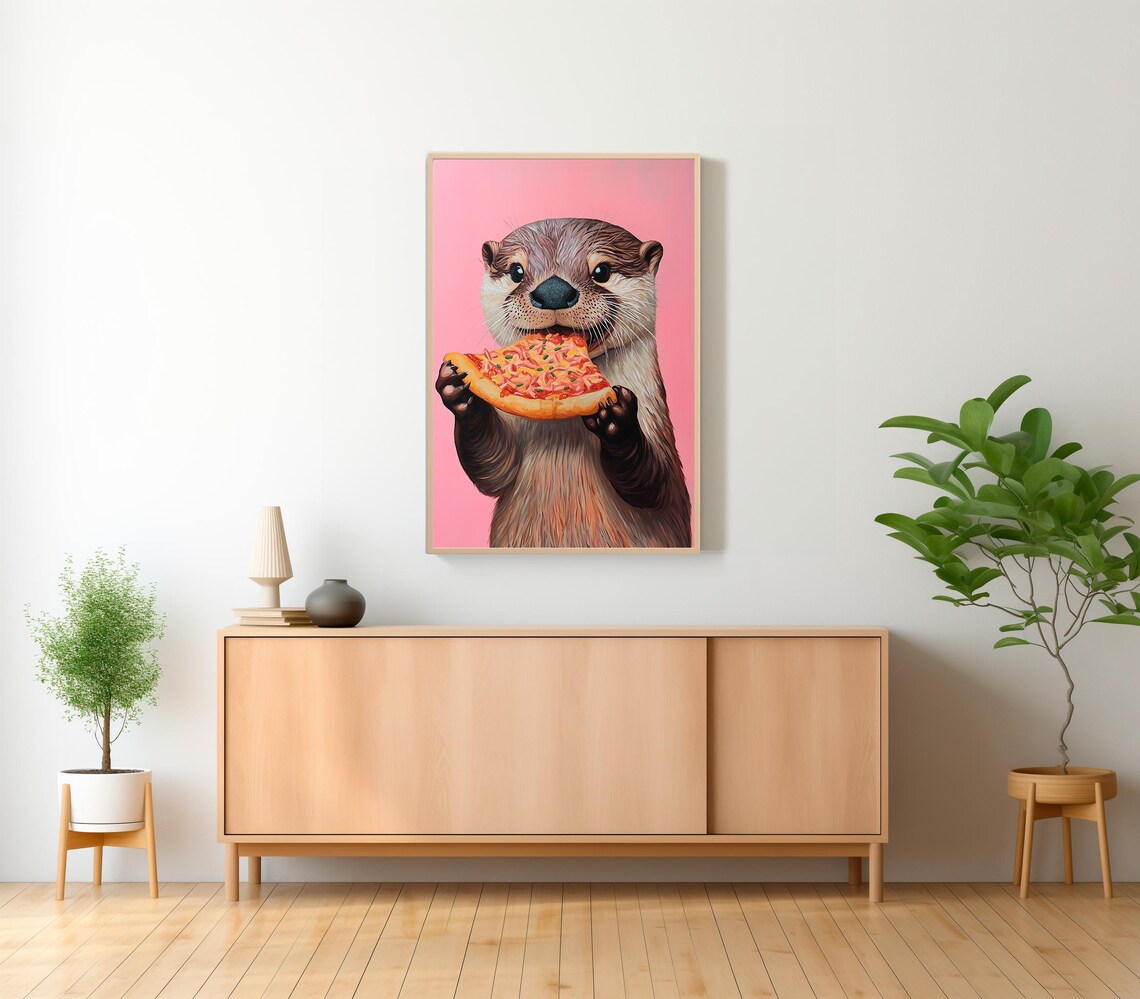 Otter Biting into a Pizza Slice on Pink Background Funny Animal Poster - Image 2