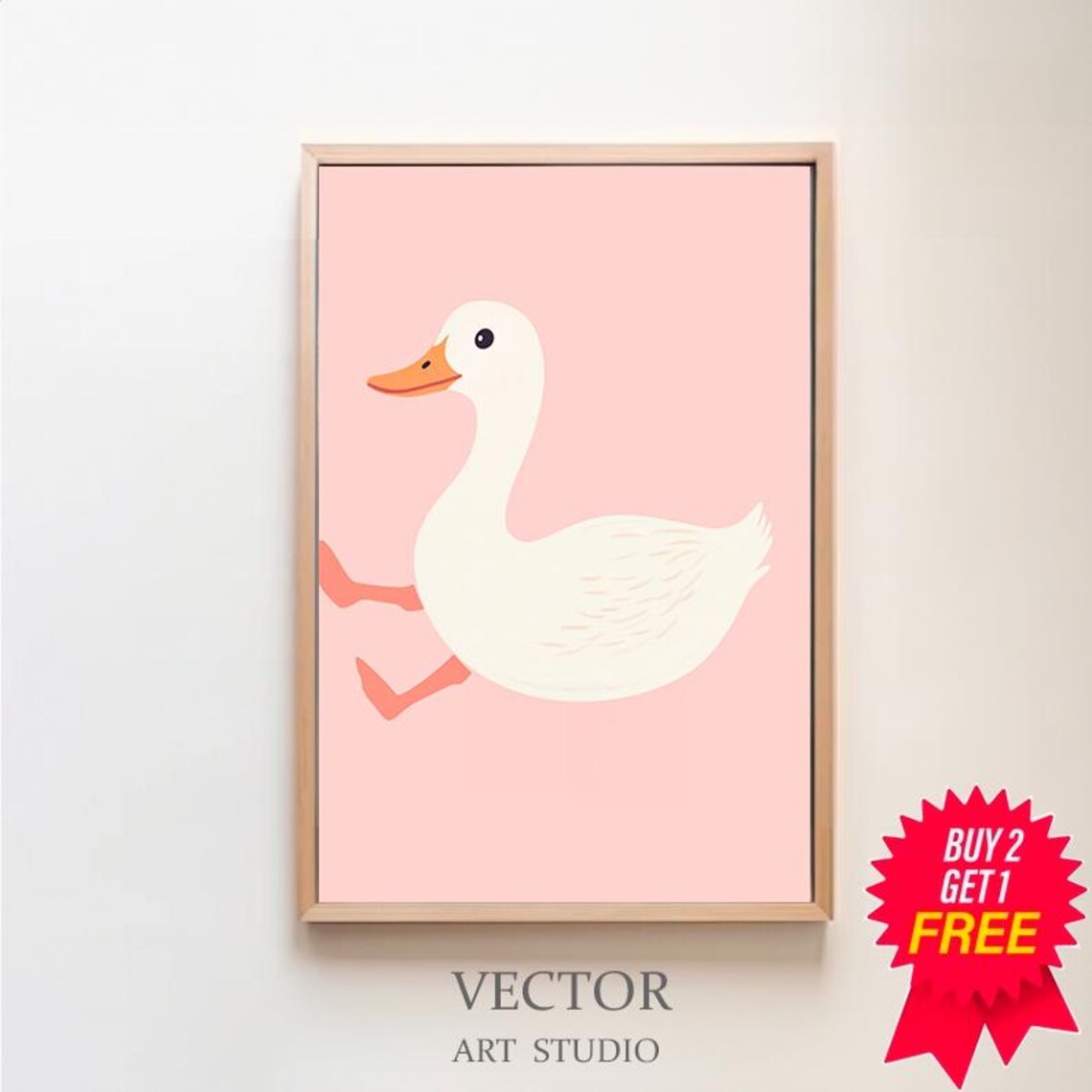 Happy White Duck Running Across Soft Pink Background Art Poster