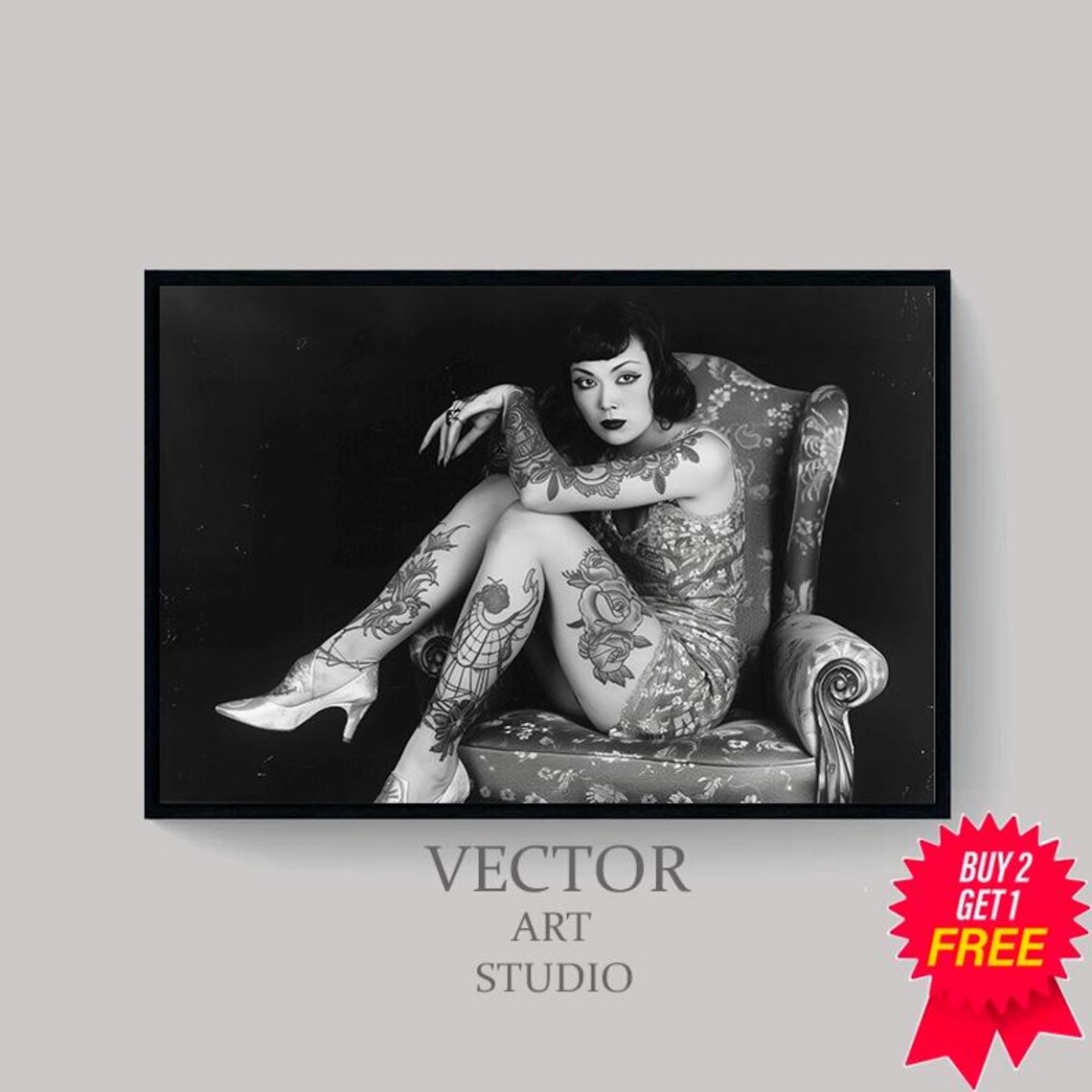 Tattooed Woman Reclining Portrait Vintage Black and White Photo Poster - Image 4