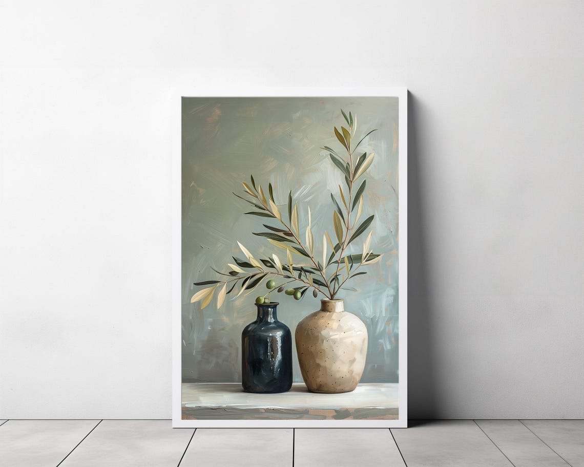 Two Ceramic Vases With Olive Branches Minimalist Still Life Poster - Image 3