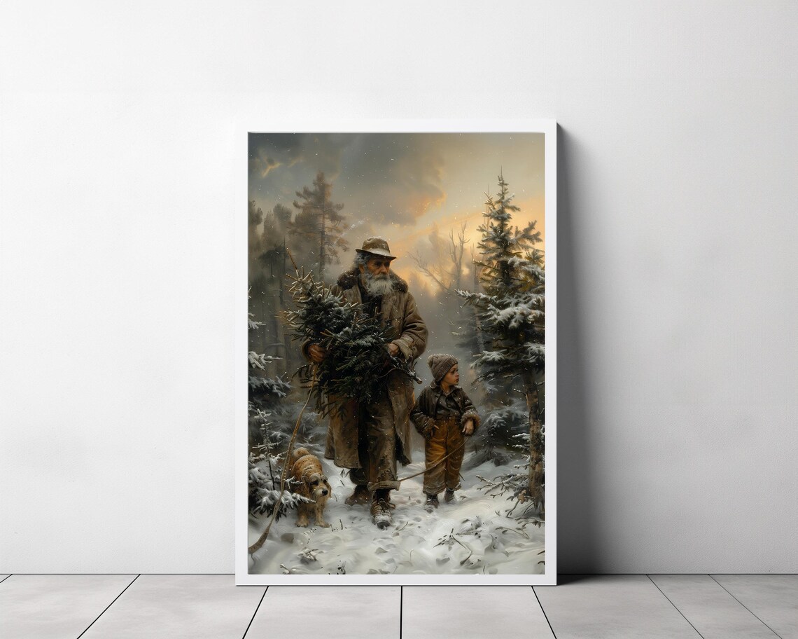 Vintage Christmas Walk Old Man with Tree and Dog in Snow Poster - Image 3