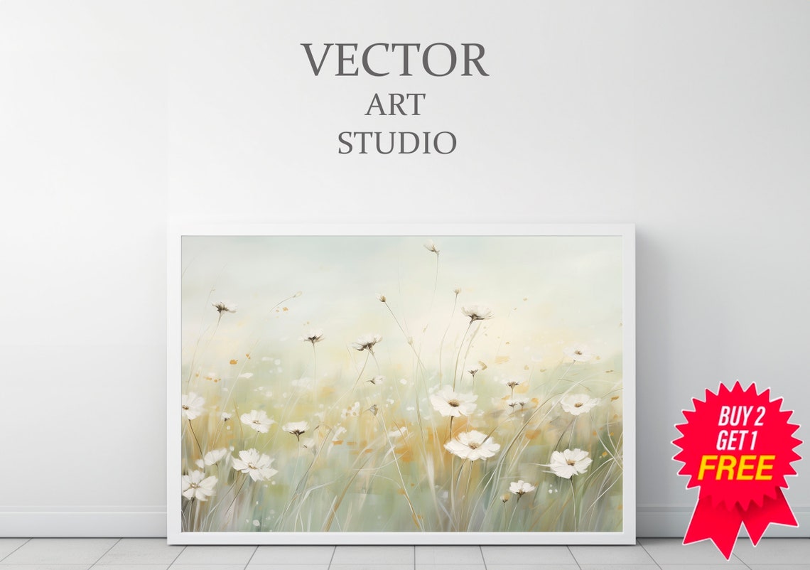 White Wildflowers in a Misty Green Meadow Soft Botanical Poster - Image 3