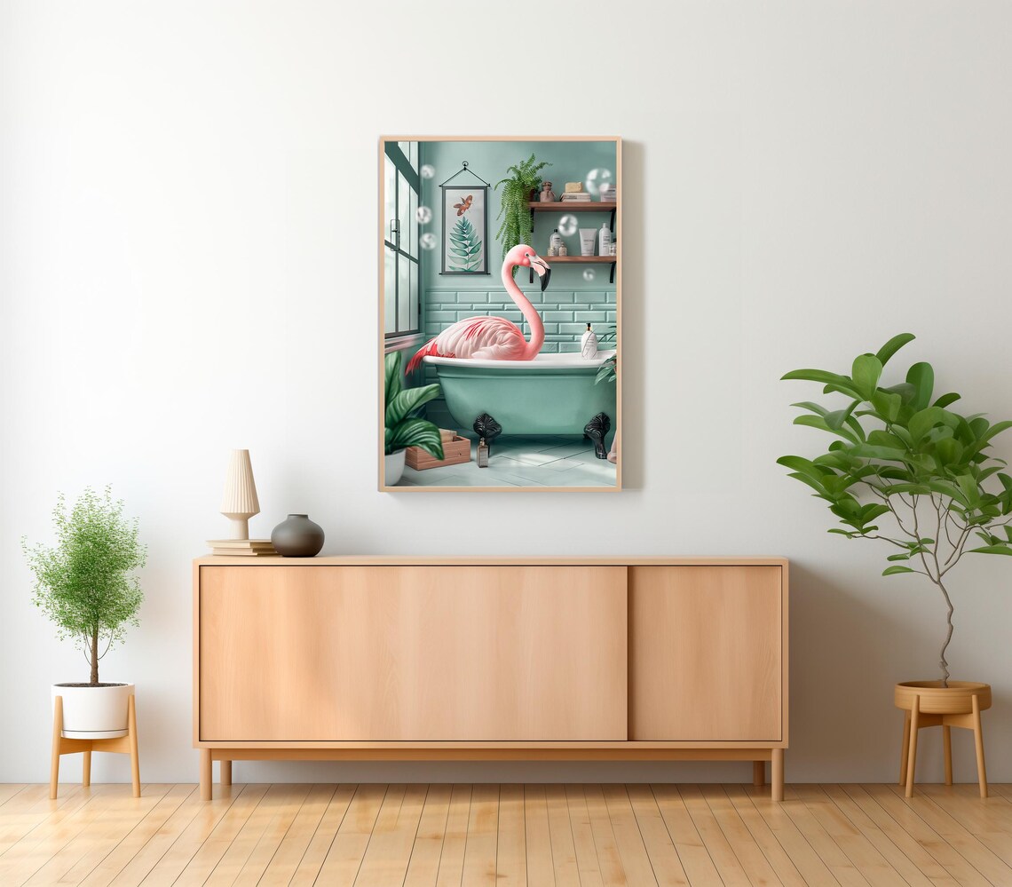 Pink Flamingo Soaking in a Green Bathtub Teal Bathroom Art Poster - Image 2