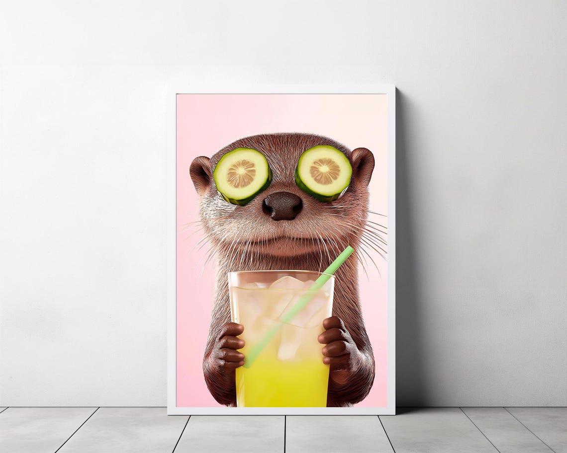 Funny Otter with Cucumber Slices Sipping Lemonade on Pink Poster - Image 3