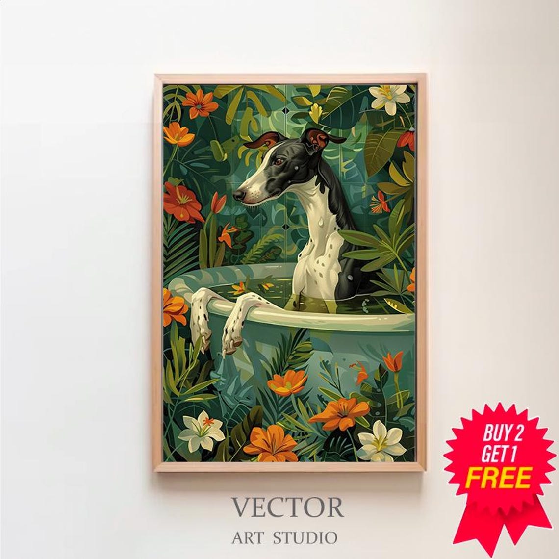 Greyhound Dog Bath Time Paws Over Tub Tropical Flowers Bathroom Poster