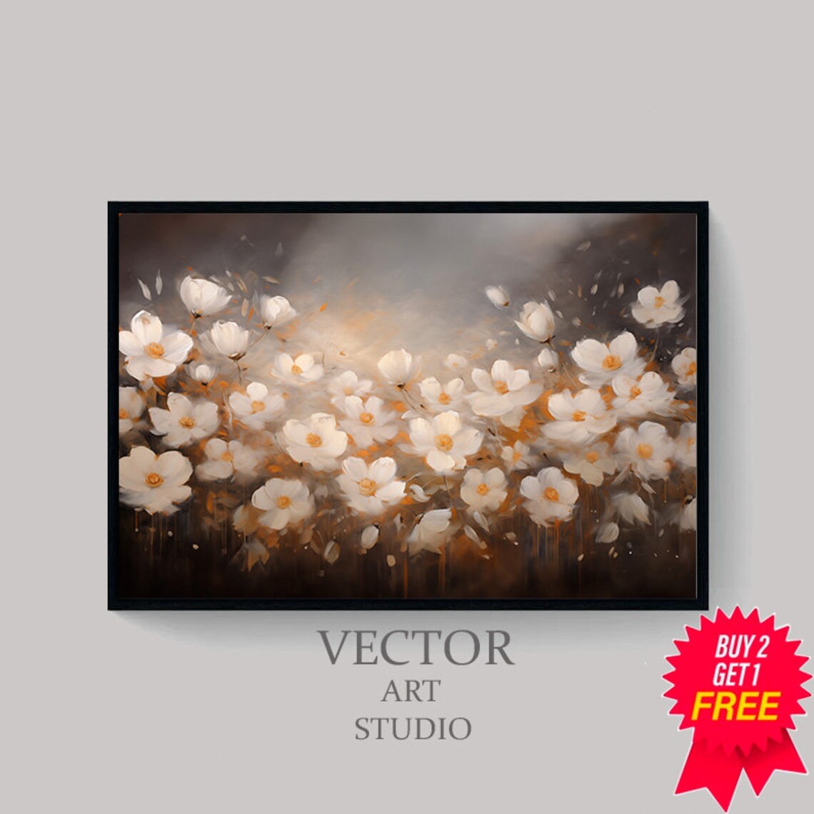 White Wildflower Meadow on Dark Moody Background Botanical Art Poster - Image 4