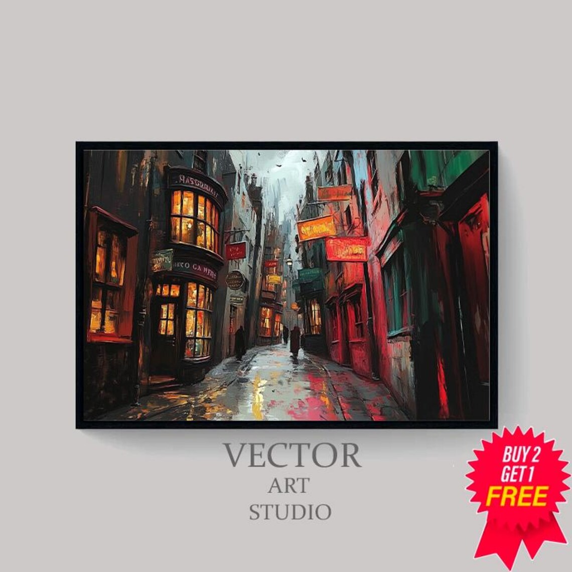 Rainy Magical Alley At Night With Glowing Shopfronts Oil Poster - Image 4