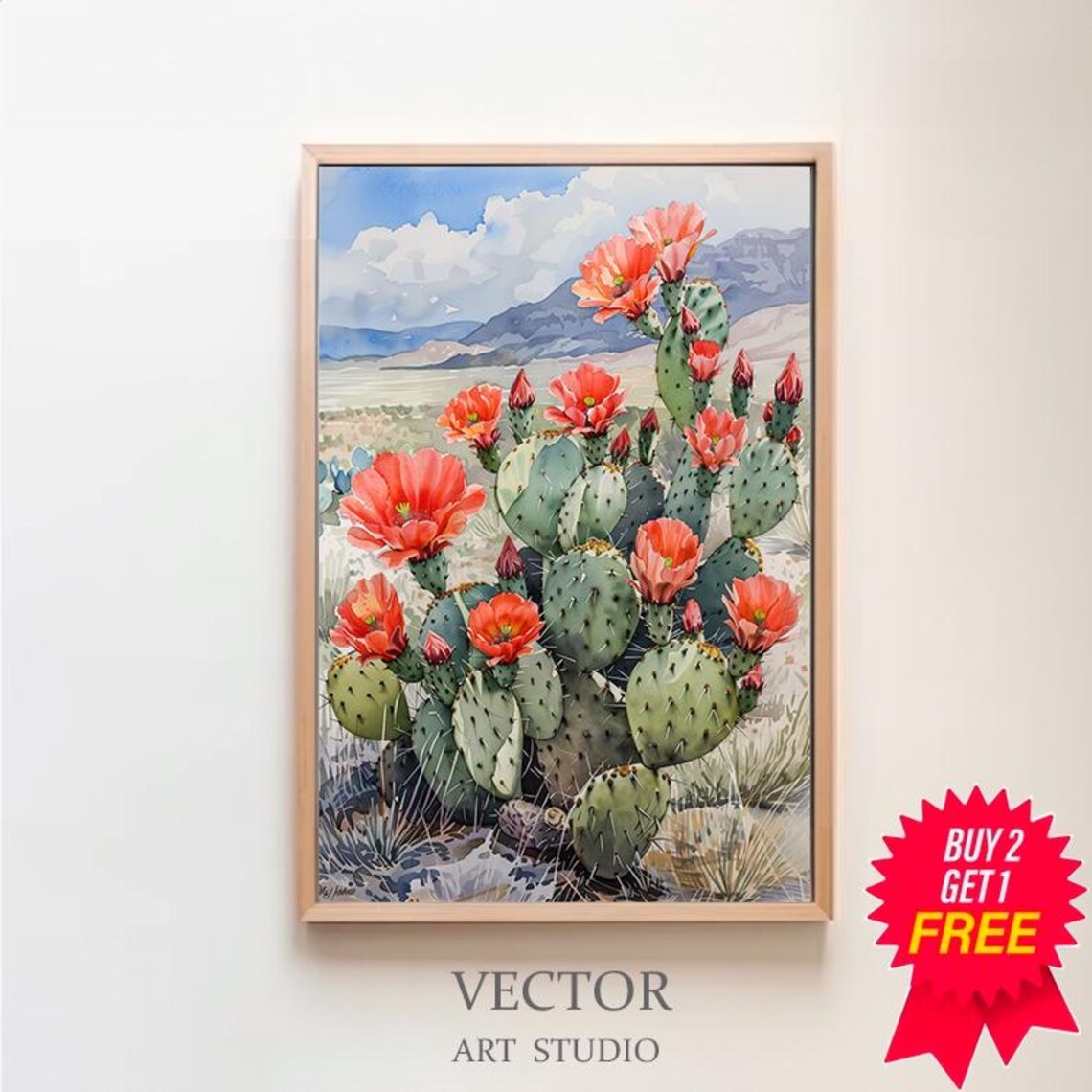 Red Blooming Prickly Pear Cactus with Mountain Vista Watercolor Poster
