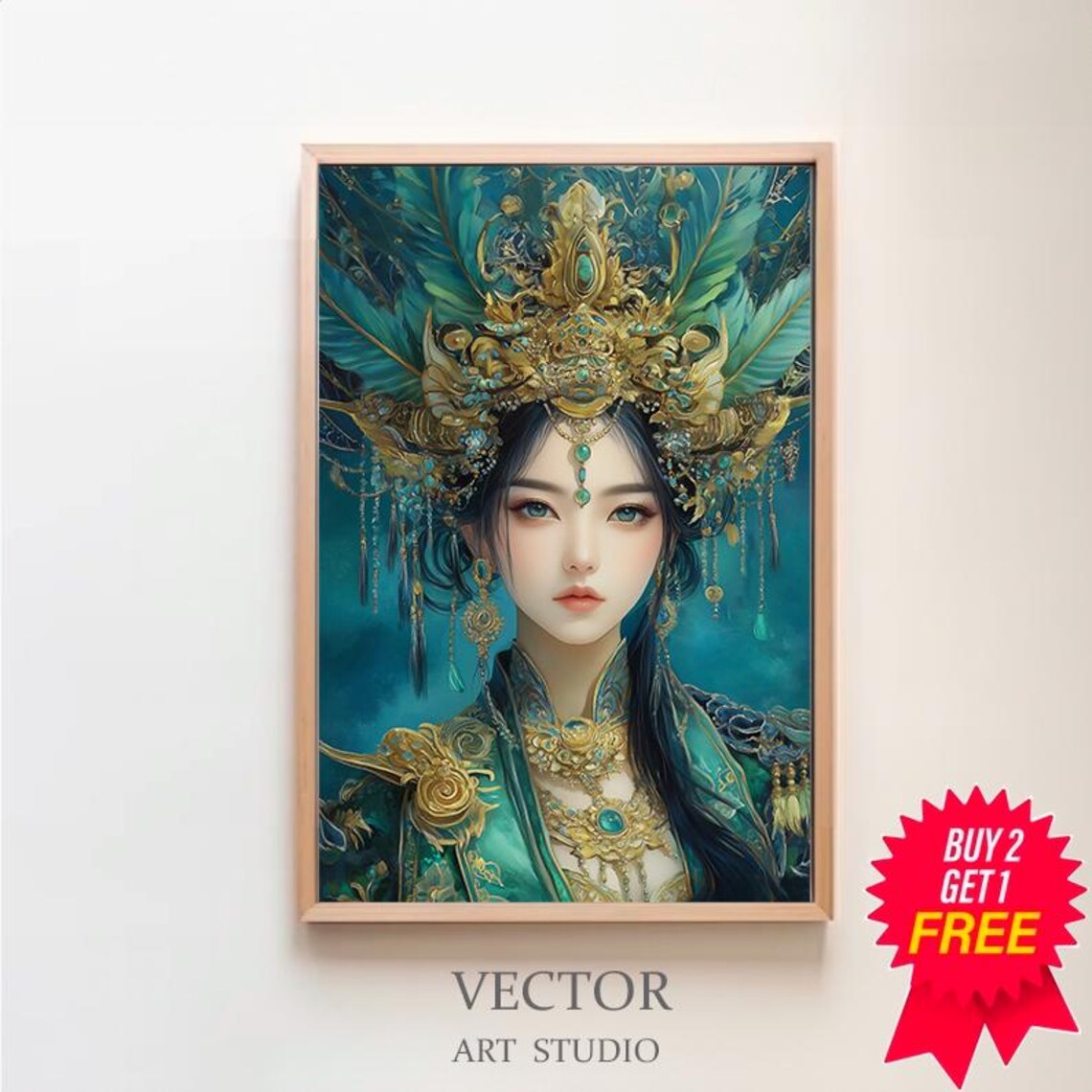 Green Tara Goddess With Peacock Feather Gold Crown Teal Portrait Poster