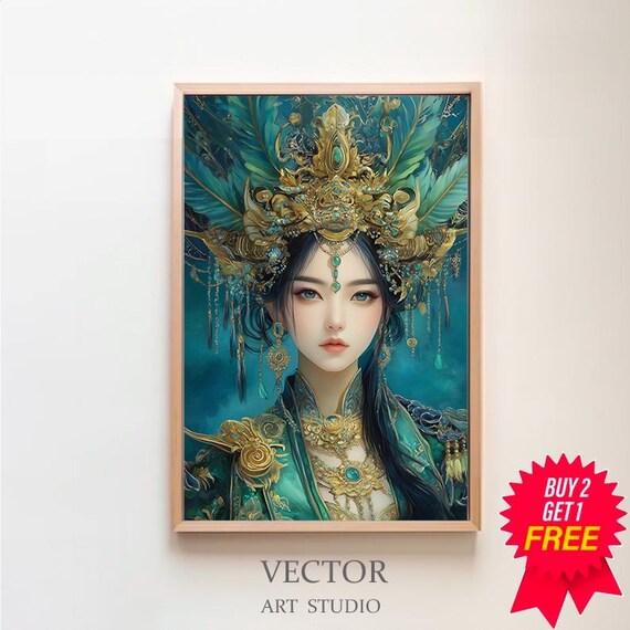 Green Tara Goddess With Peacock Feather Gold Crown Teal Portrait Poster