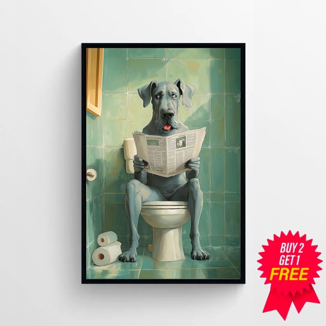 Blue Great Dane Reading Newspaper On A Toilet Funny Dog Poster - Image 4