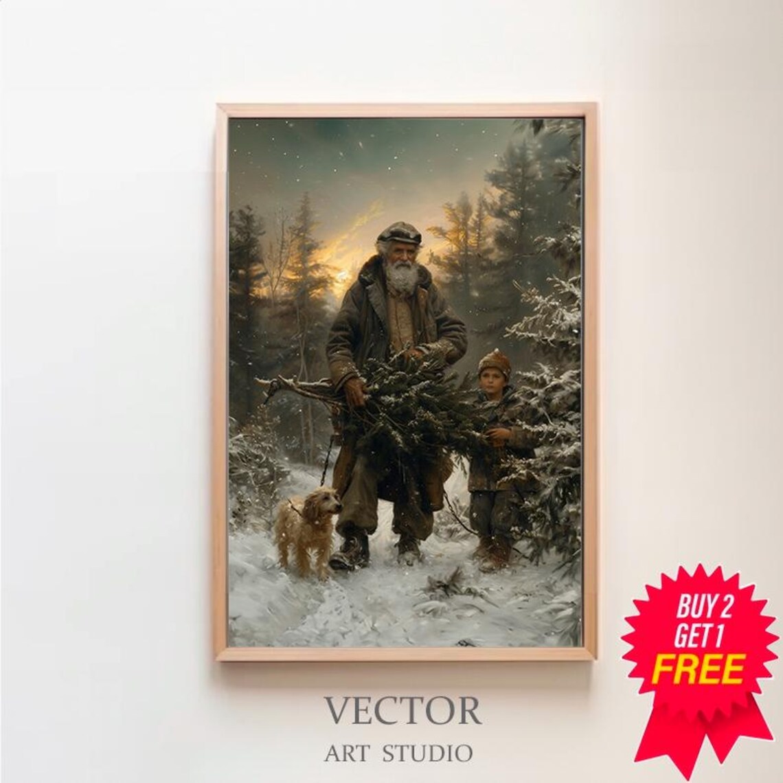 Vintage Christmas Scene Old Man Carrying Tree in Snowy Forest Poster