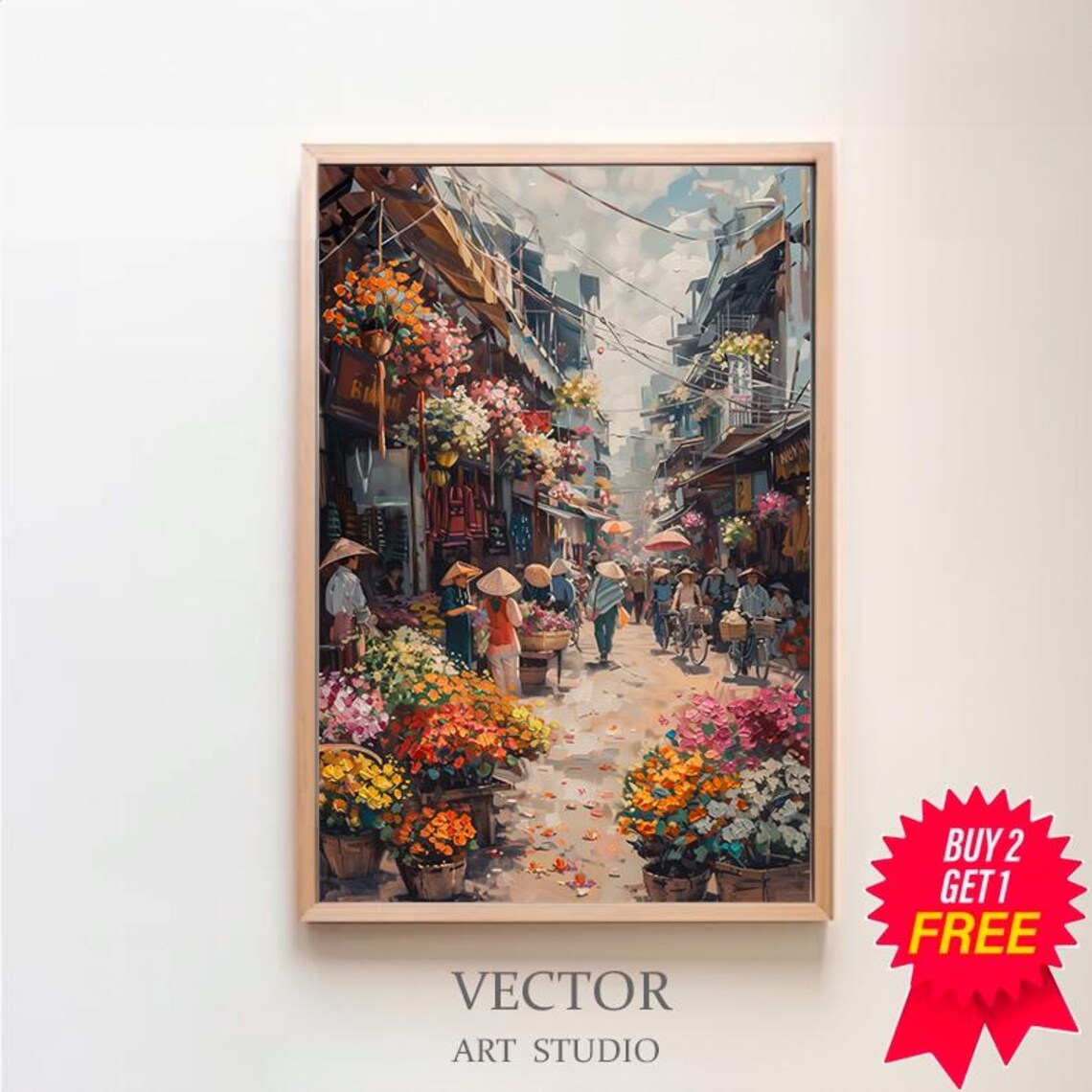 Hanoi Old Quarter Flower Market Alley Vietnam Oil Painting Poster