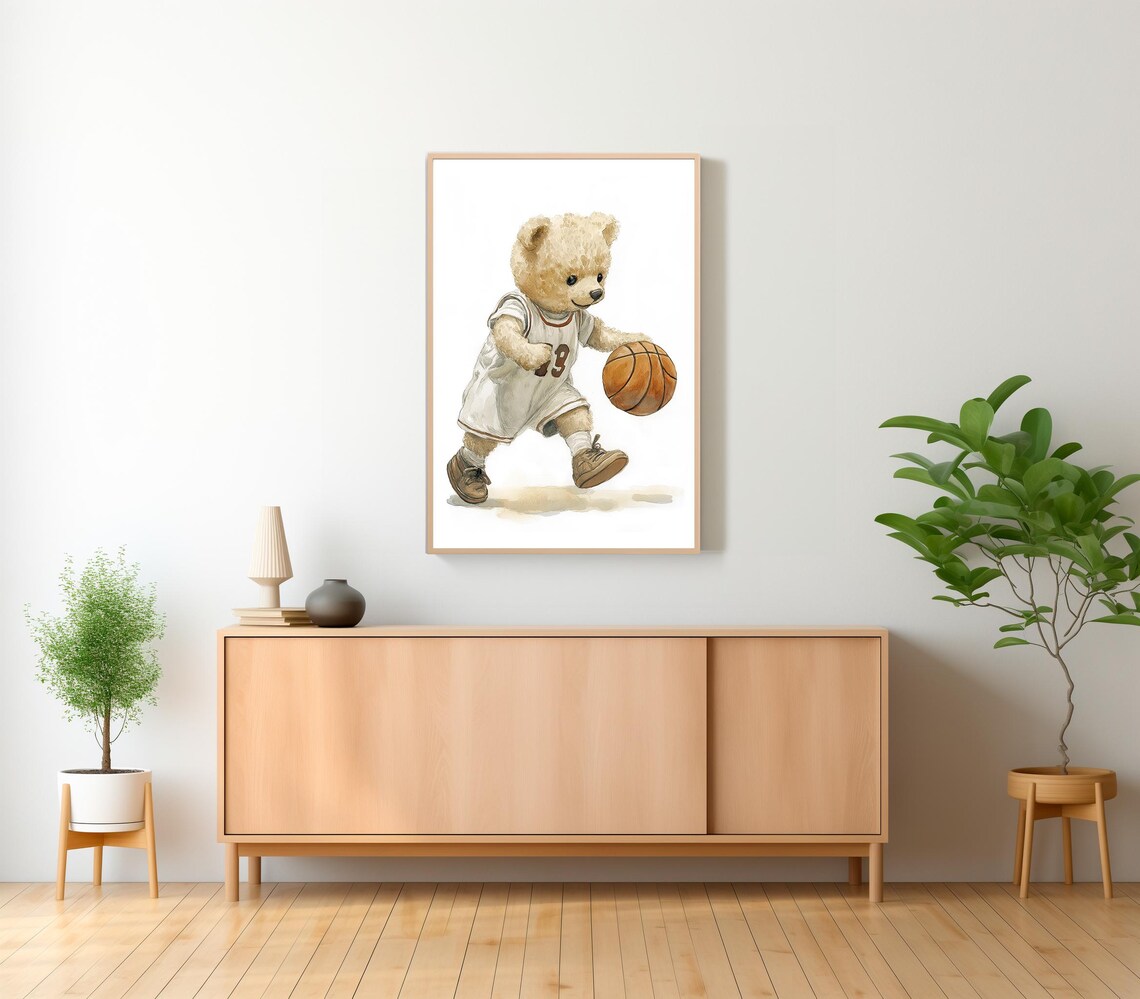 Teddy Bear in Number 9 Jersey Dribbling a Basketball Watercolor Poster - Image 2