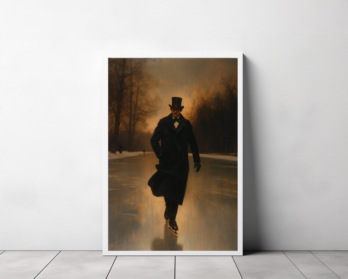 Top Hatted Gentleman Skating On Frozen River Moody Winter Poster - Image 3