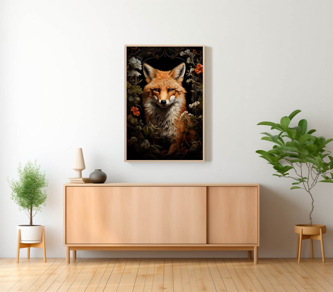Red Fox Portrait in Dark Moody Floral Frame Wildlife Decorative Art Poster - Image 2