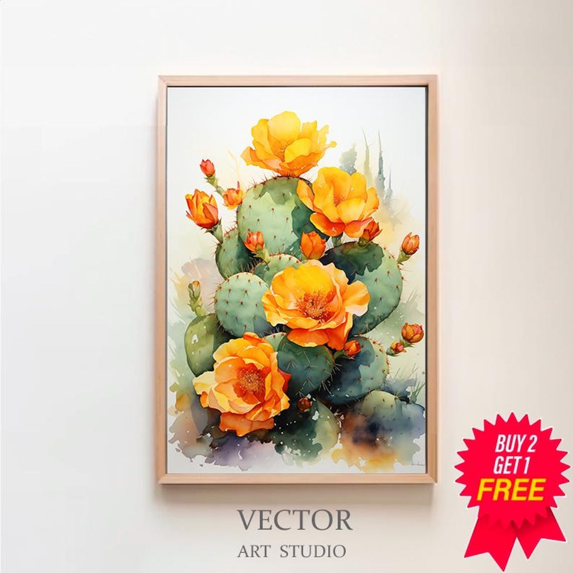 Blooming Prickly Pear Cactus with Yellow Blossoms Botanical Poster