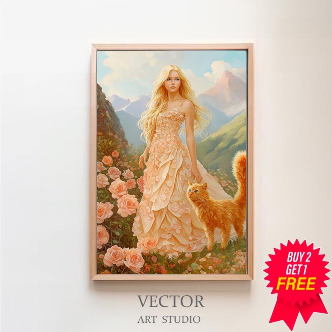 Blonde Goddess in a Pink Petal Gown with a Ginger Cat Poster