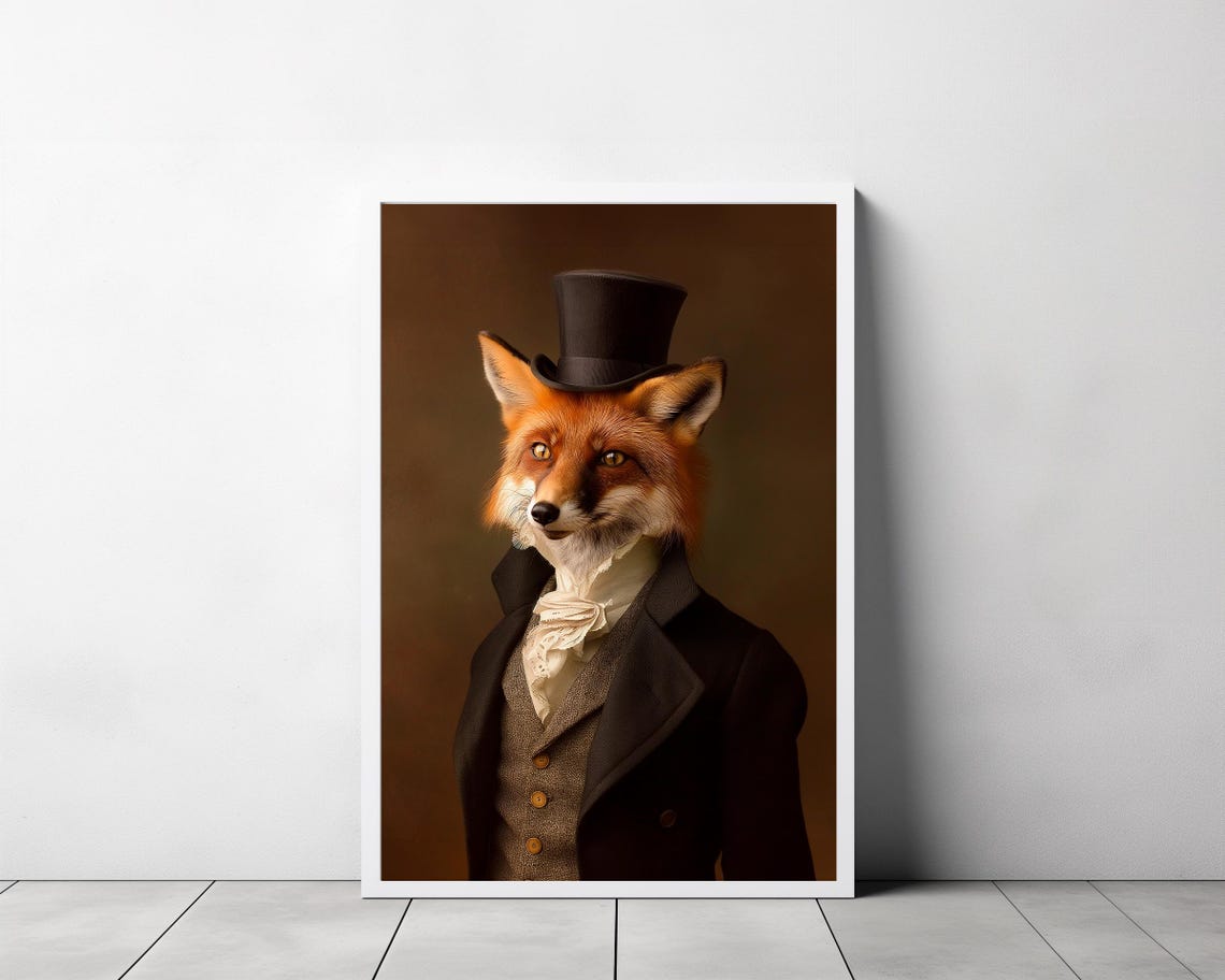Regal Red Fox Wearing Top Hat Victorian Portrait Animal Wall Art - Image 3