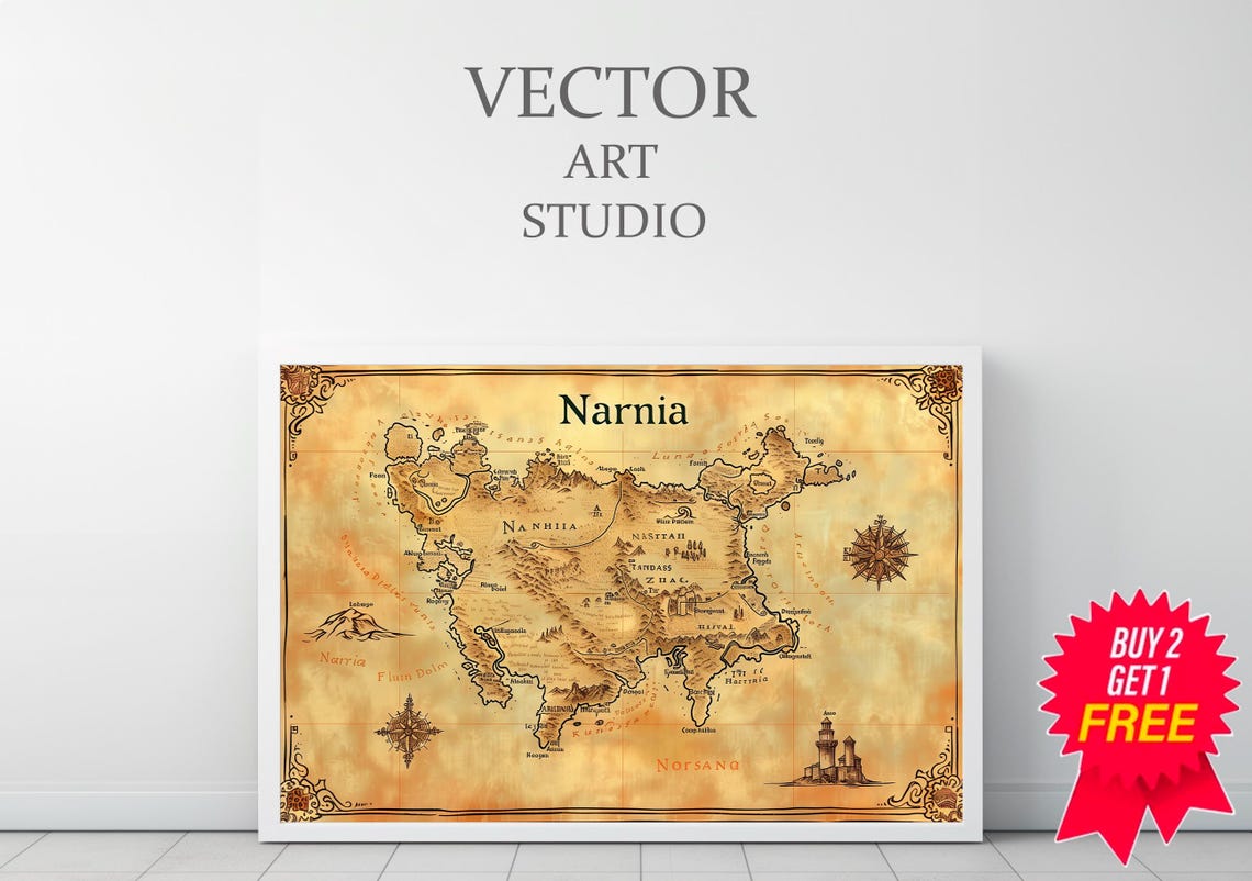 Narnia Fantasy Map On Aged Parchment With Compass Rose Poster - Image 3