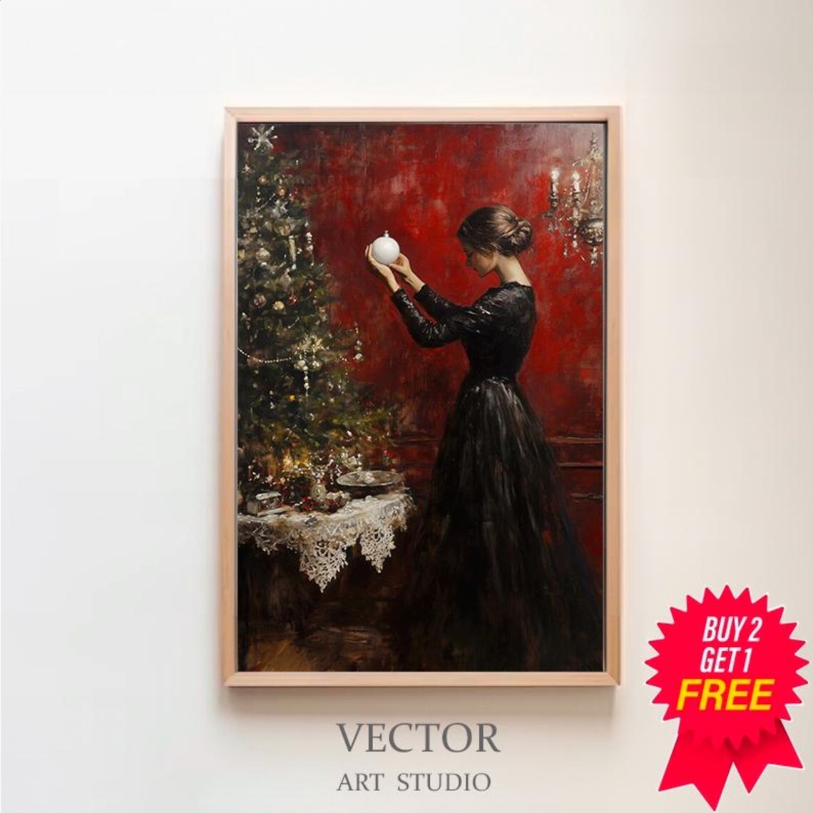 Victorian Woman Holding White Ornament By Christmas Tree Poster