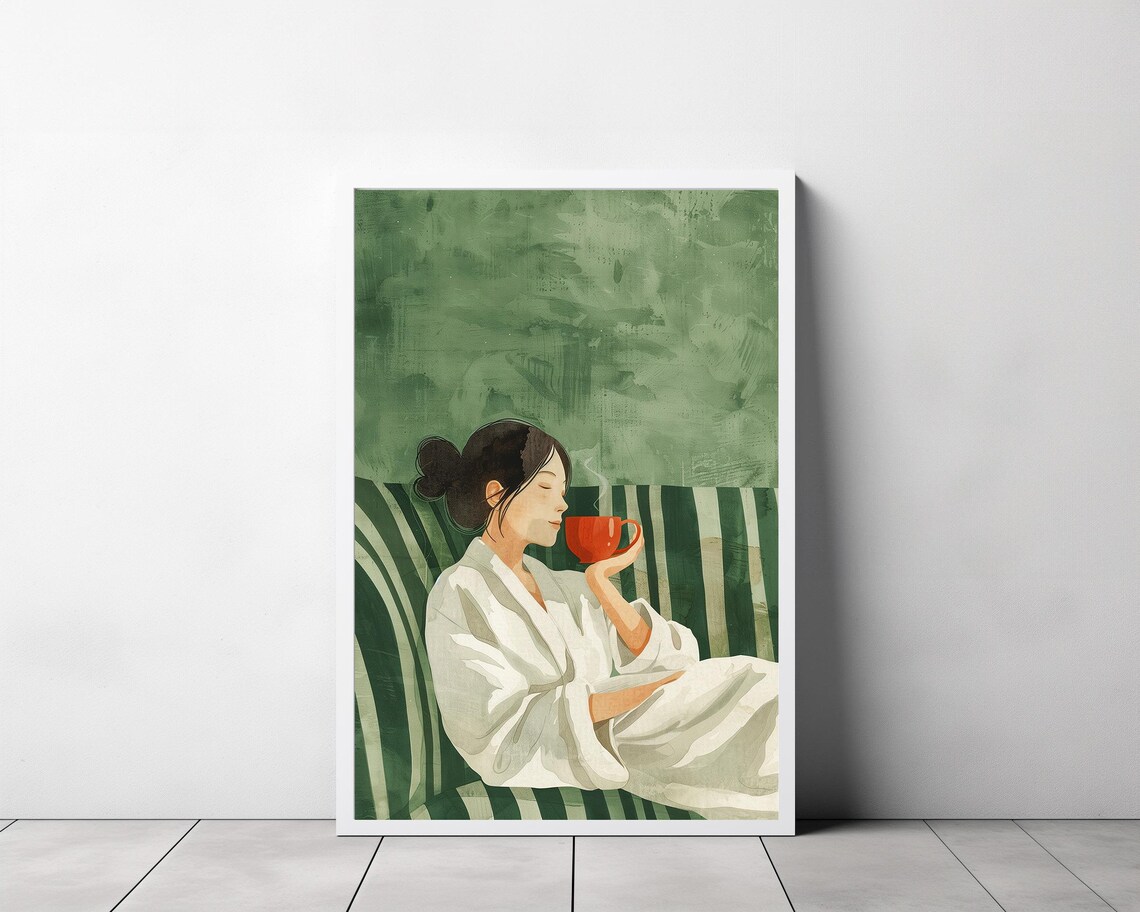 Emerald Green Abstract People Large Wall Art Contemporary Artwork Minimalist Print Coffee Lover Wall Art Stripe Woman Print - Image 3