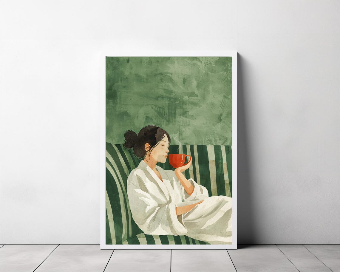 Woman in a White Robe Drinking Coffee on a Green Couch Poster - Image 3