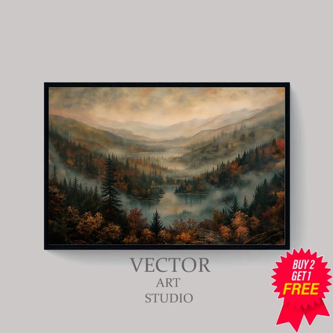 Misty Autumn Mountain Valley with Lake Rustic Landscape Art Poster - Image 4