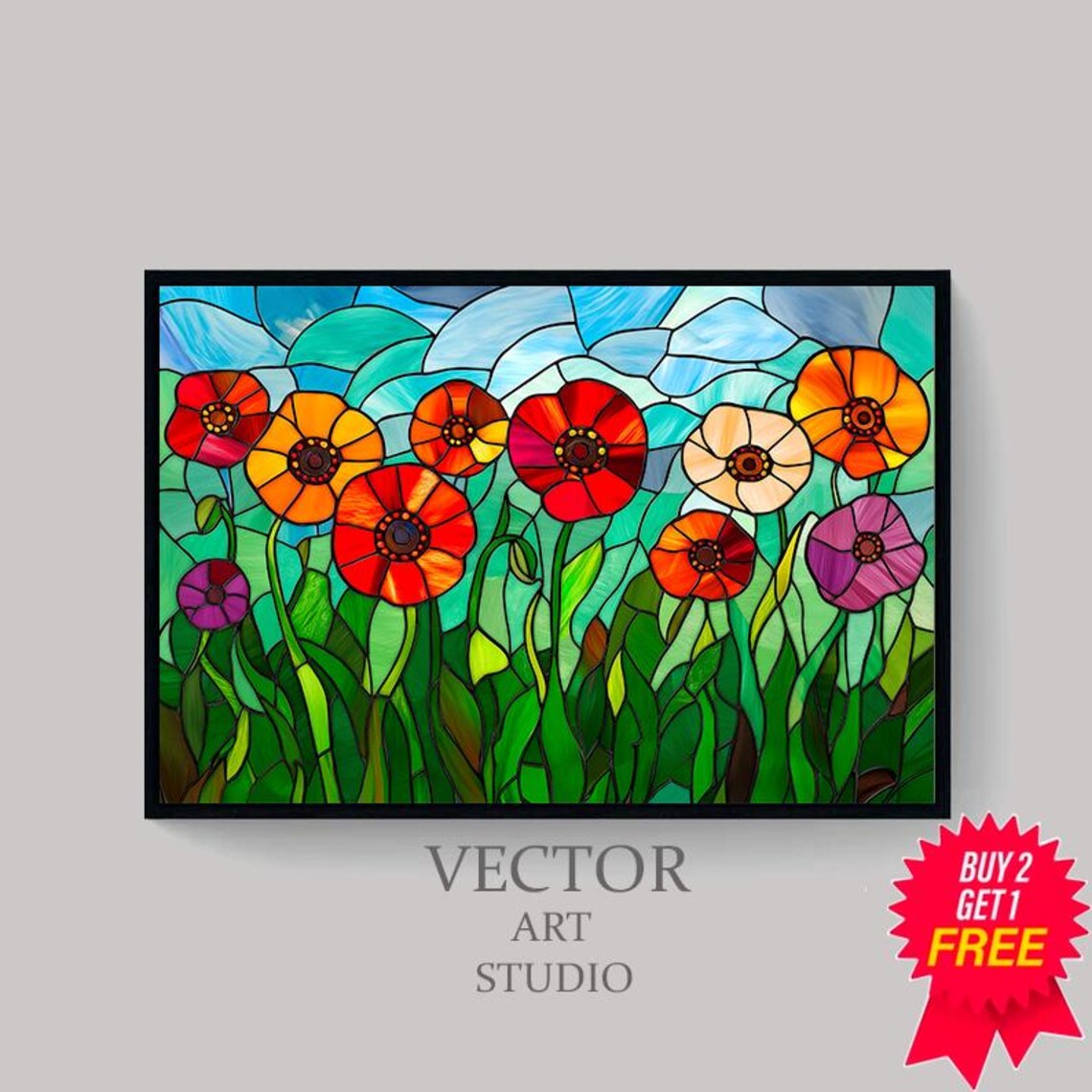 Stained Glass Poppies In Red Orange And Purple Floral Poster - Image 4