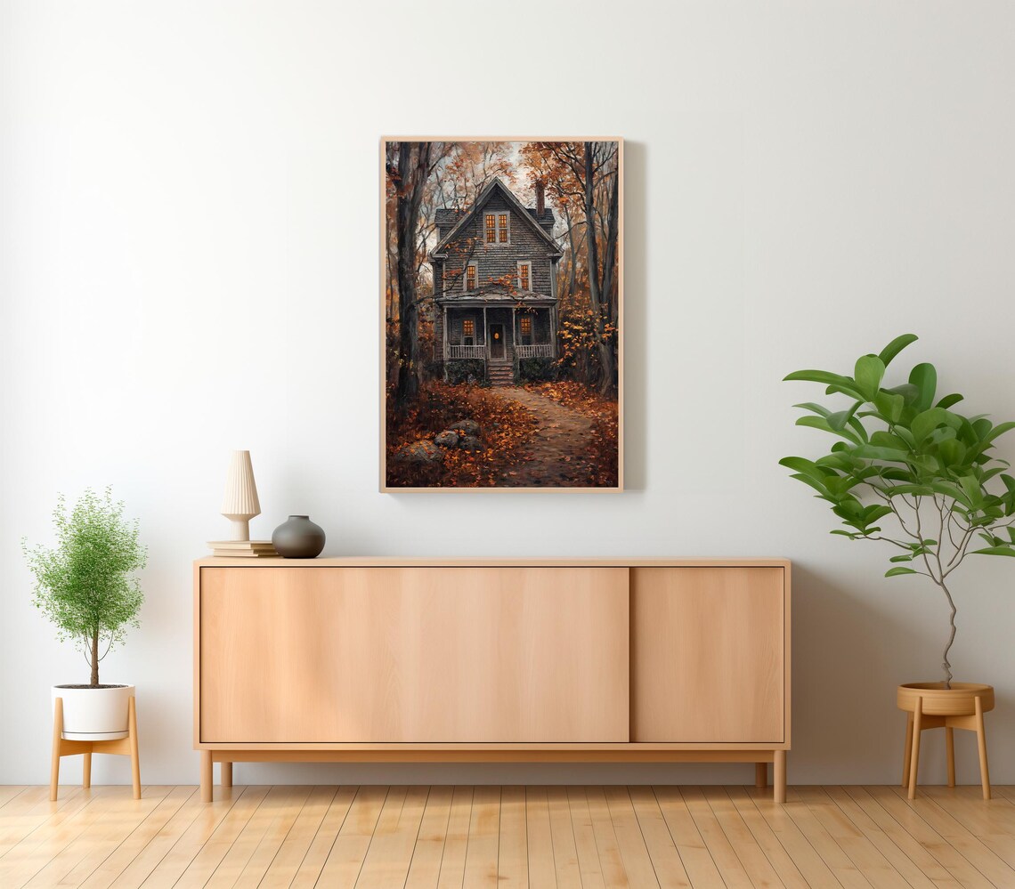 Autumn Farmhouse with Glowing Windows in Moody Fall Woods Poster - Image 2