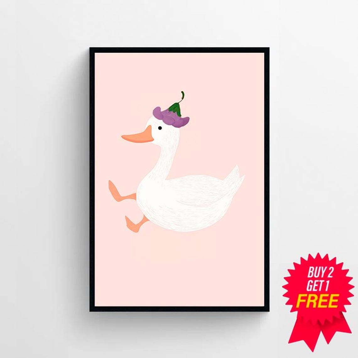 Cute White Duck With Purple Flower Hat on Pink Nursery Poster - Image 4