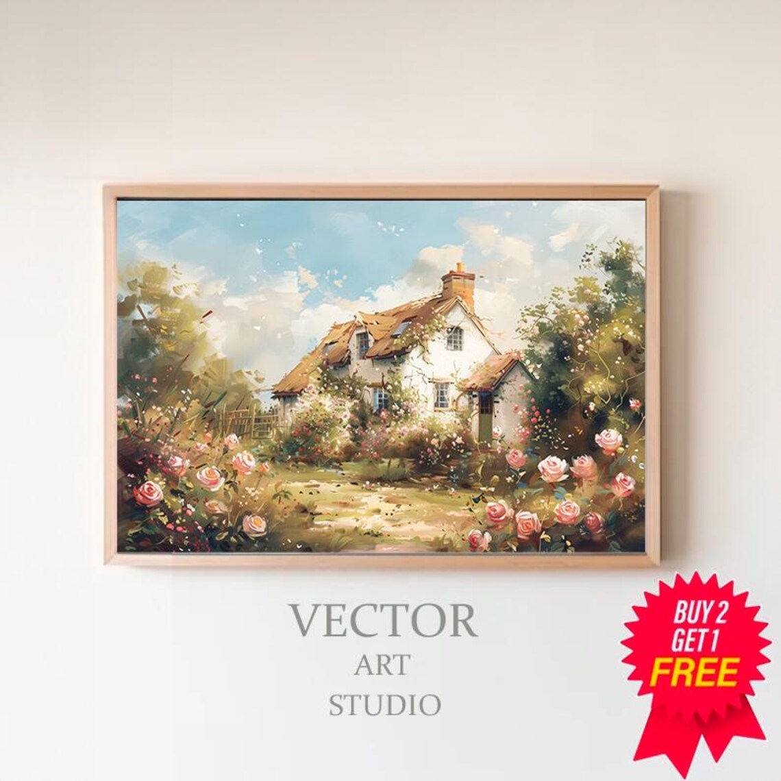 White Cottage With Blooming Roses In Summer Garden Oil Painting Poster