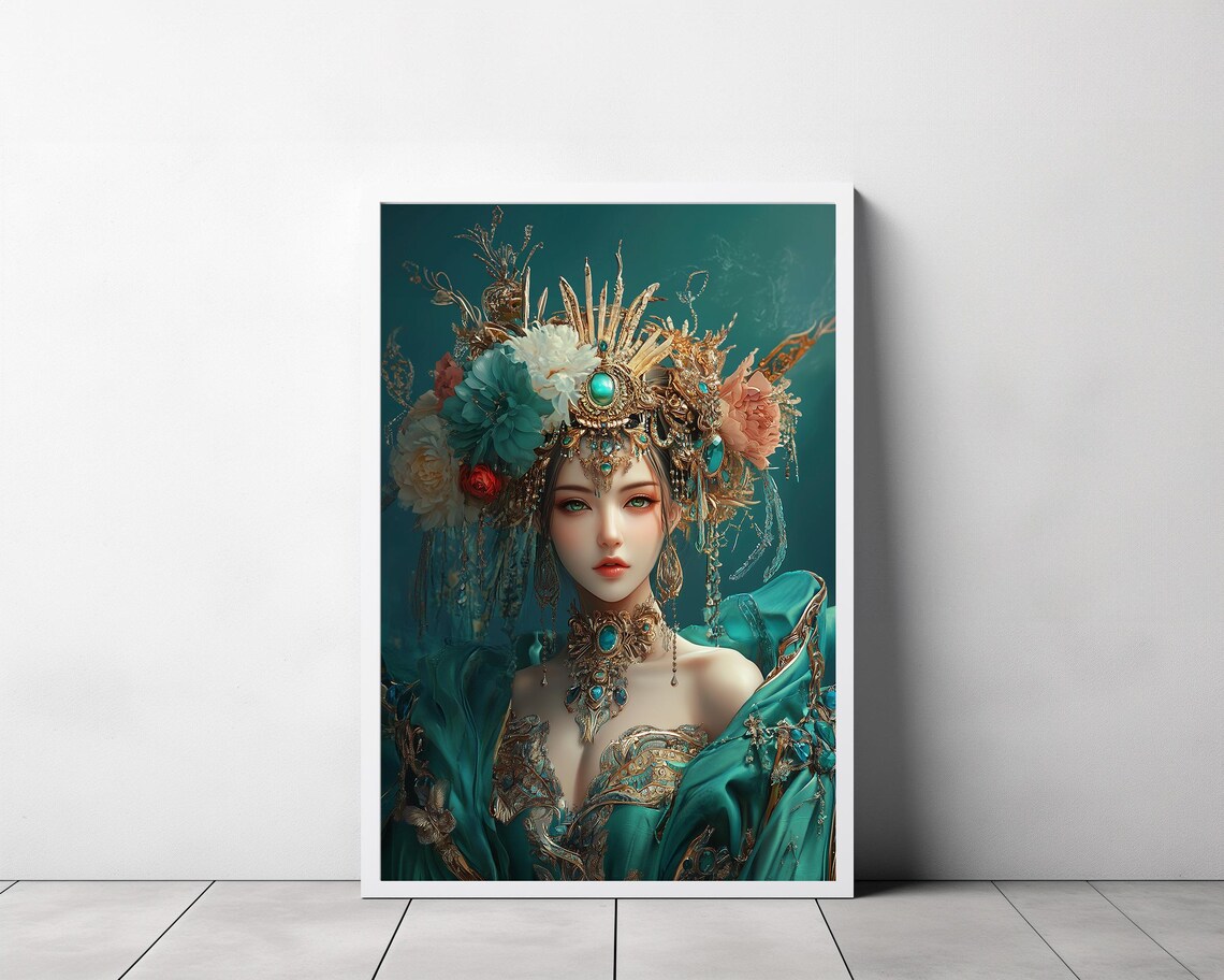Green Tara Goddess With Gold Floral Headdress Teal Robes Art Poster - Image 3