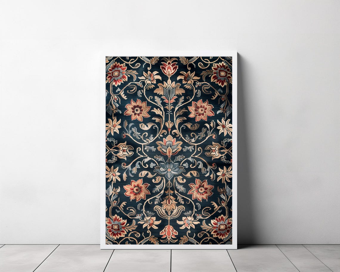 Vintage Navy Tapestry Floral Damask Pattern Textile Style Poster - Image 3