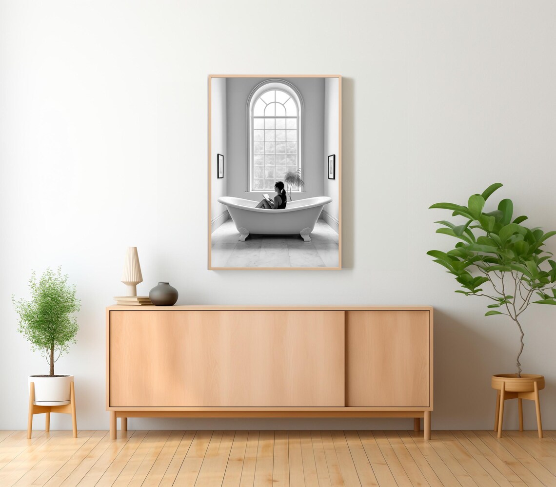 Woman Reading in a Clawfoot Tub Black and White Bathroom Art Poster - Image 2