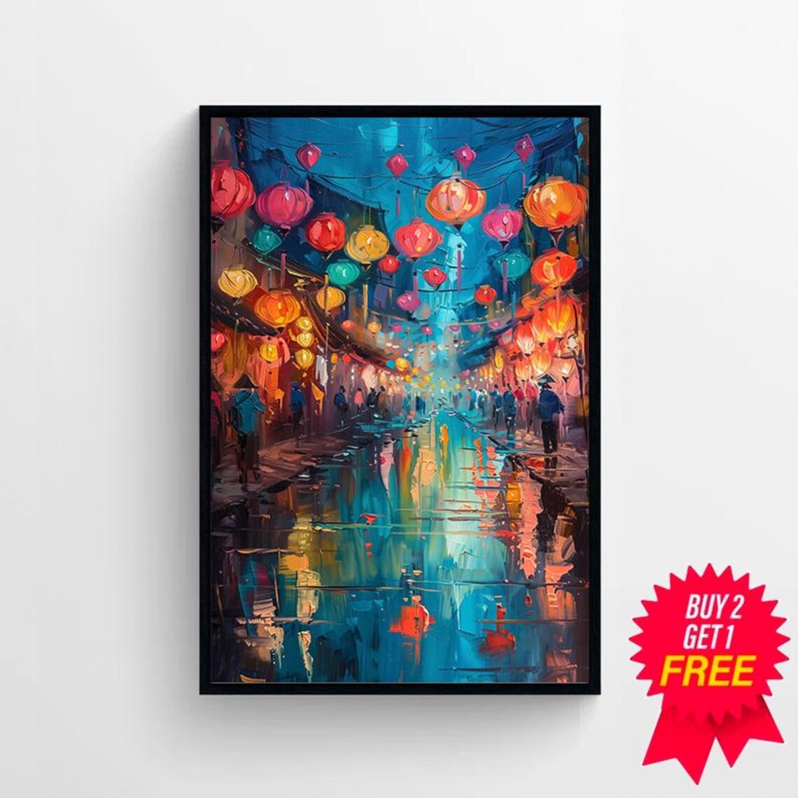 Hoi An Lantern Festival Night Street Reflections Oil Painting Poster - Image 4