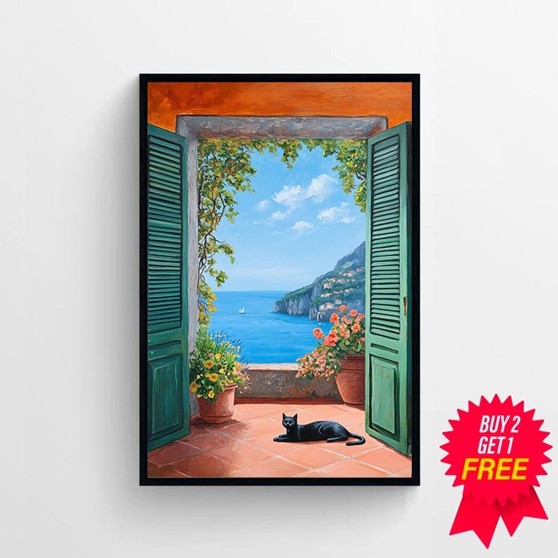 Black Cat on a Terrace with Green Shutters Amalfi Coast Poster - Image 4